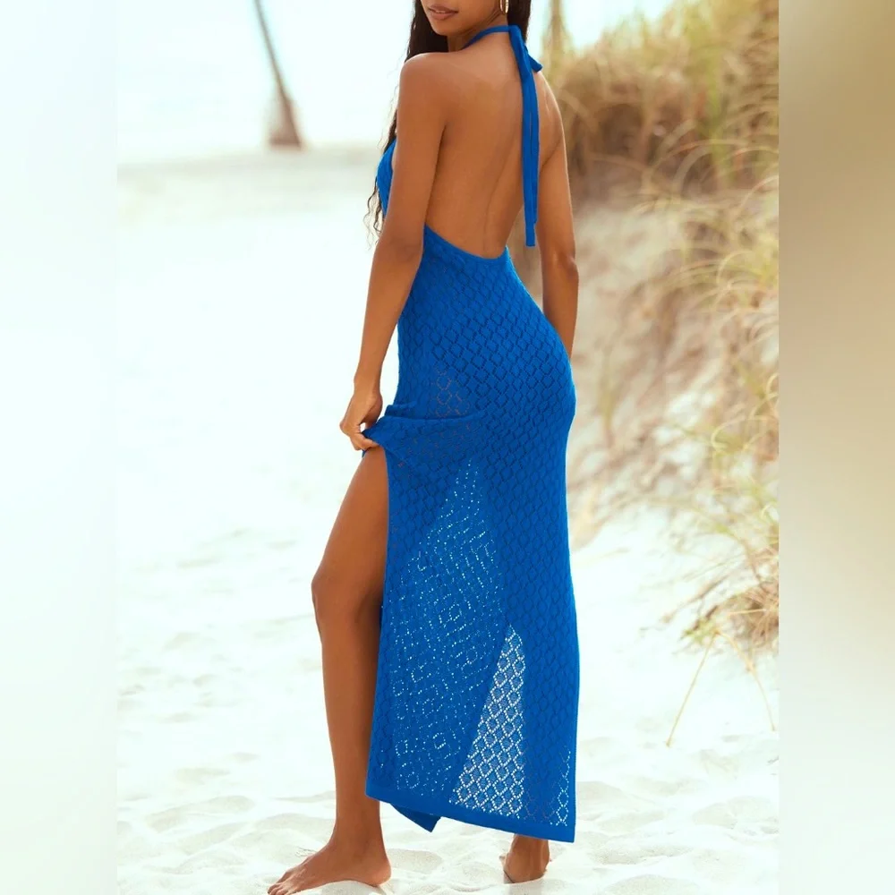 ANTHROPOLOGIE Sunday in Brooklyn • Blue Halter Crochet Cover-Up Midi Dress - Picture 2 of 8